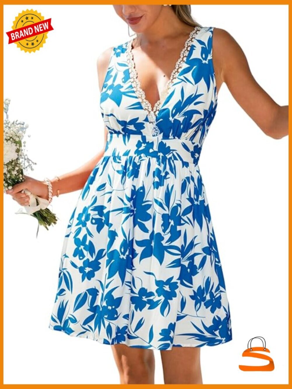 Ruffle Mini Dress Plunge V Neck Lace Smocked Waist Casual Beach Vacation